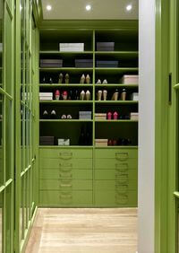 Г-образная гардеробная комната в зеленом цвете Кропоткин