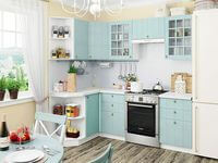 Небольшая угловая кухня в голубом и белом цвете Кропоткин
